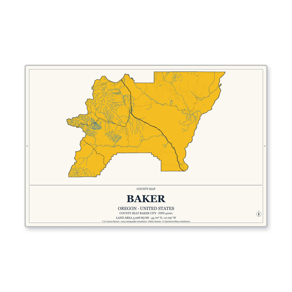 Baker County, Oregon Map Aluminum Sign in Citrine Modern style