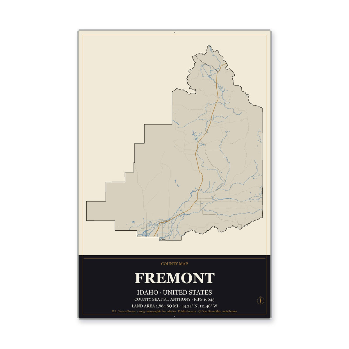 Fremont County, Idaho Map Aluminum Sign in Museum Plaque style
