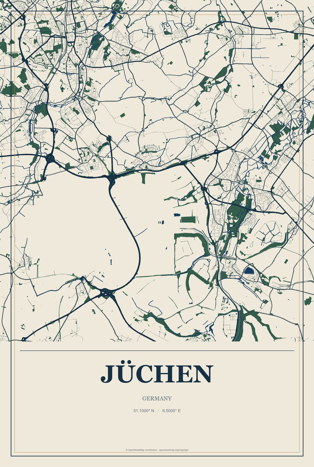 Jüchen, Germany City Map Aluminum Sign in Coastal Cutout style