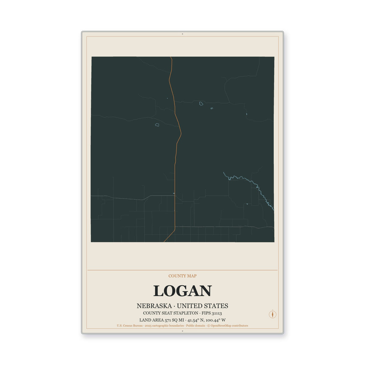 Logan County, Nebraska Map Aluminum Sign in Headline Atlas style