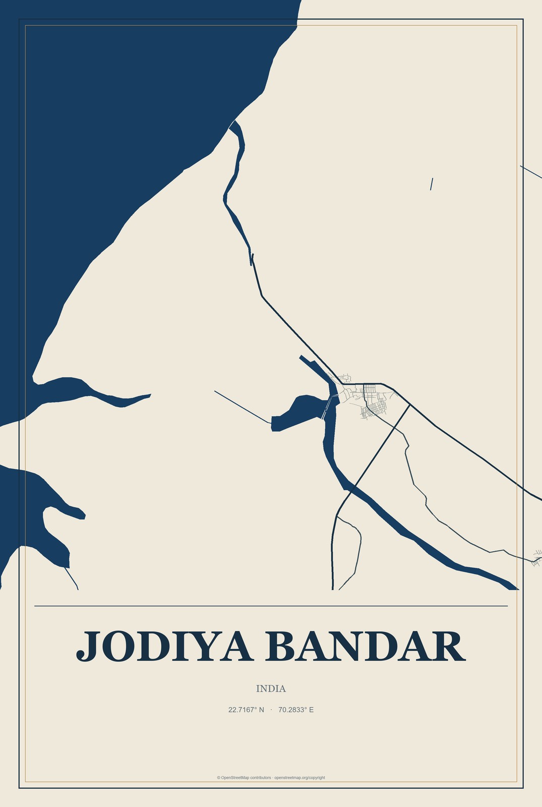 Jodiya Bandar, India City Map Aluminum Sign in Coastal Cutout style
