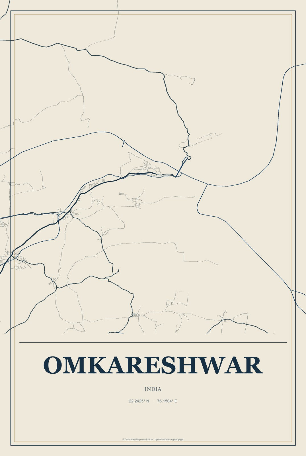 Omkareshwar, India City Map Aluminum Sign in Coastal Cutout style