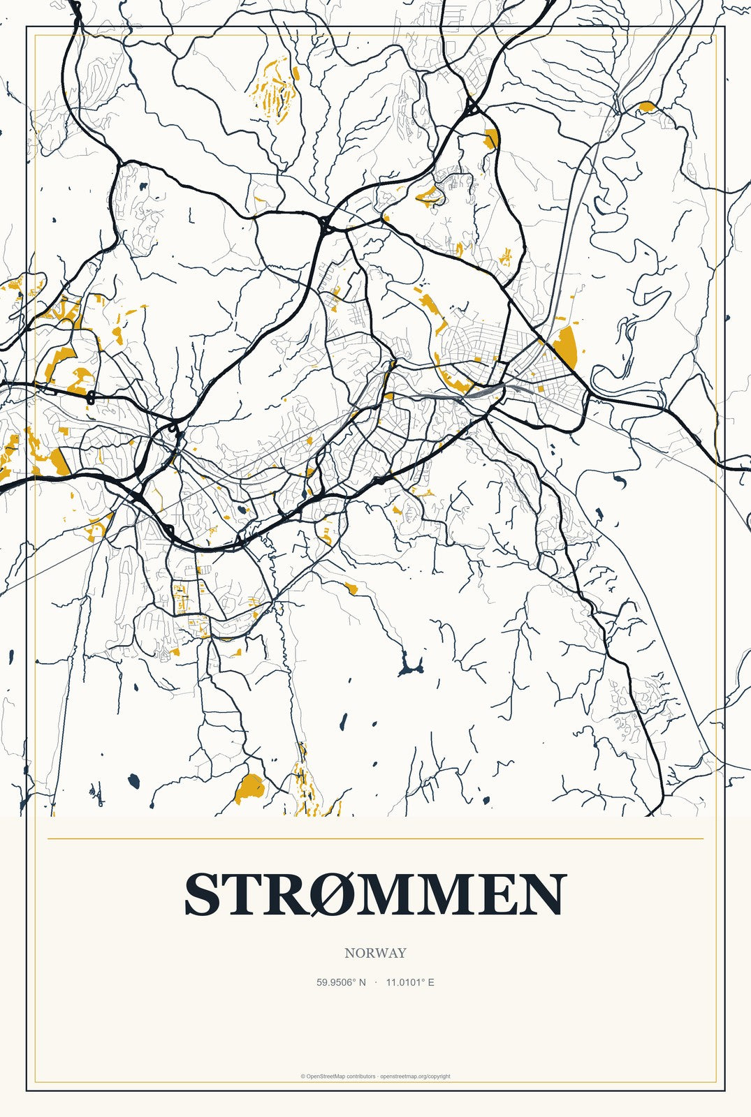 Strømmen, Norway City Map Aluminum Sign in Citrine Modern style