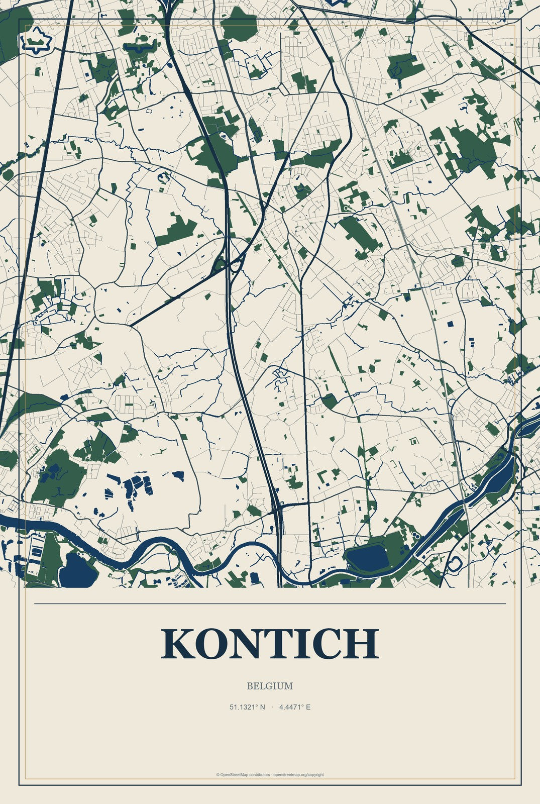Kontich, Belgium City Map Aluminum Sign in Coastal Cutout style