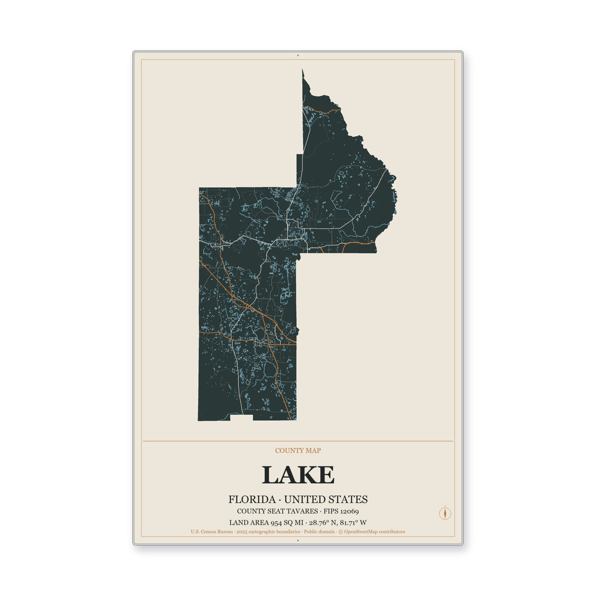 Lake County, Florida Map Aluminum Sign in Headline Atlas style