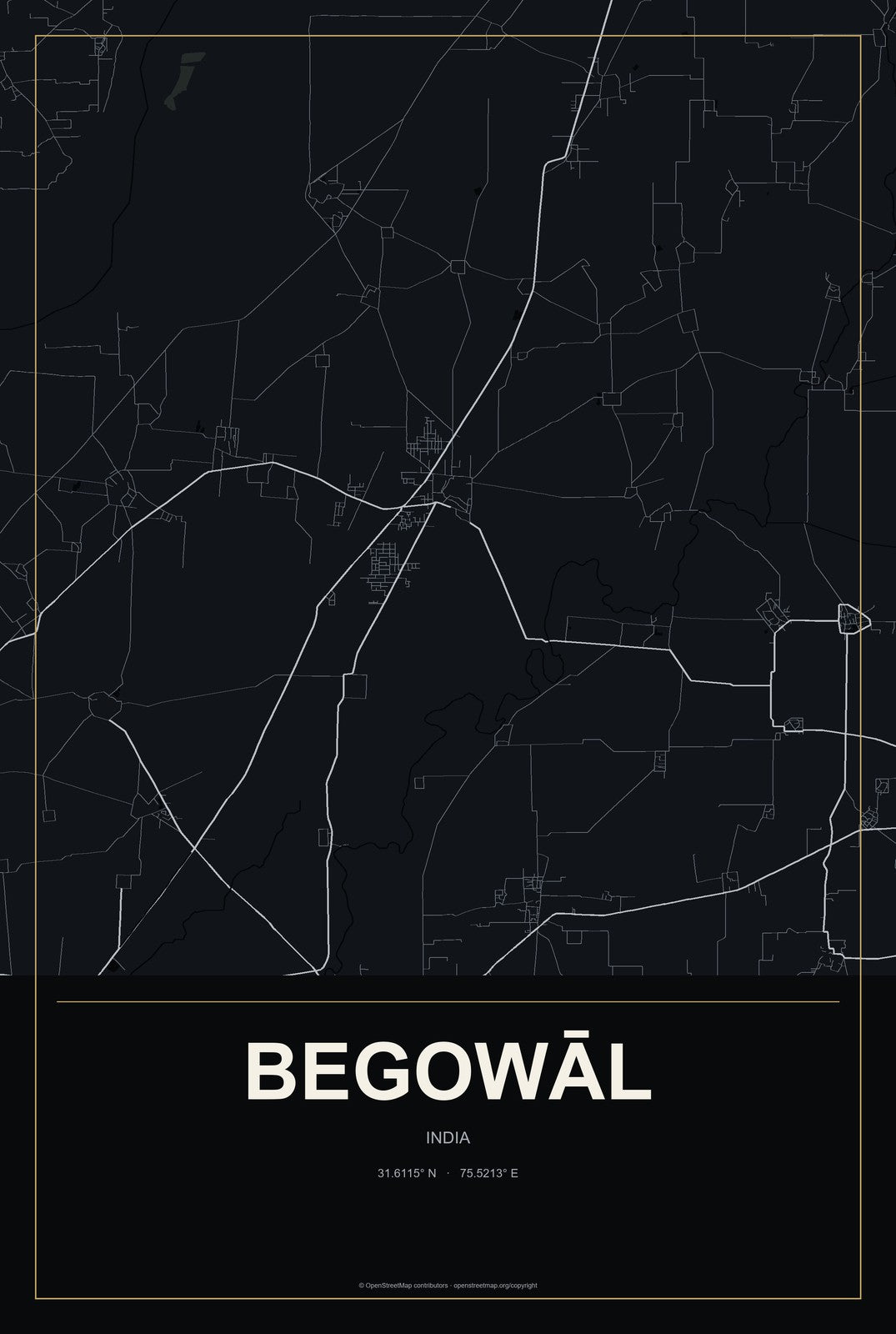 Begowāl, India City Map Aluminum Sign in Metropolitan Noir style