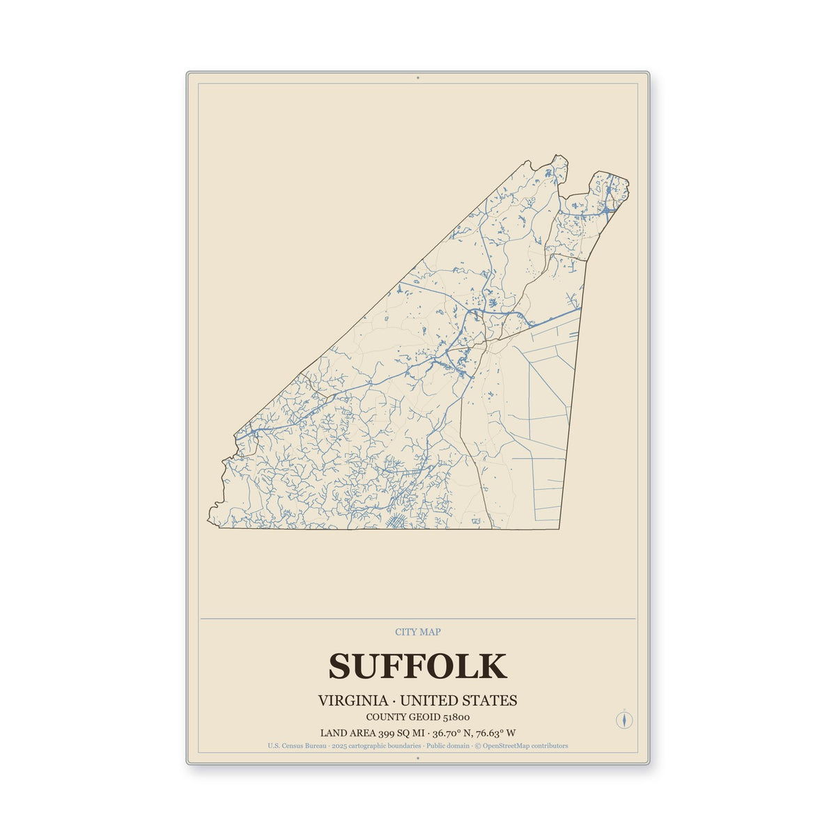 Suffolk city, Virginia Map Aluminum Sign in Heritage Nautical style