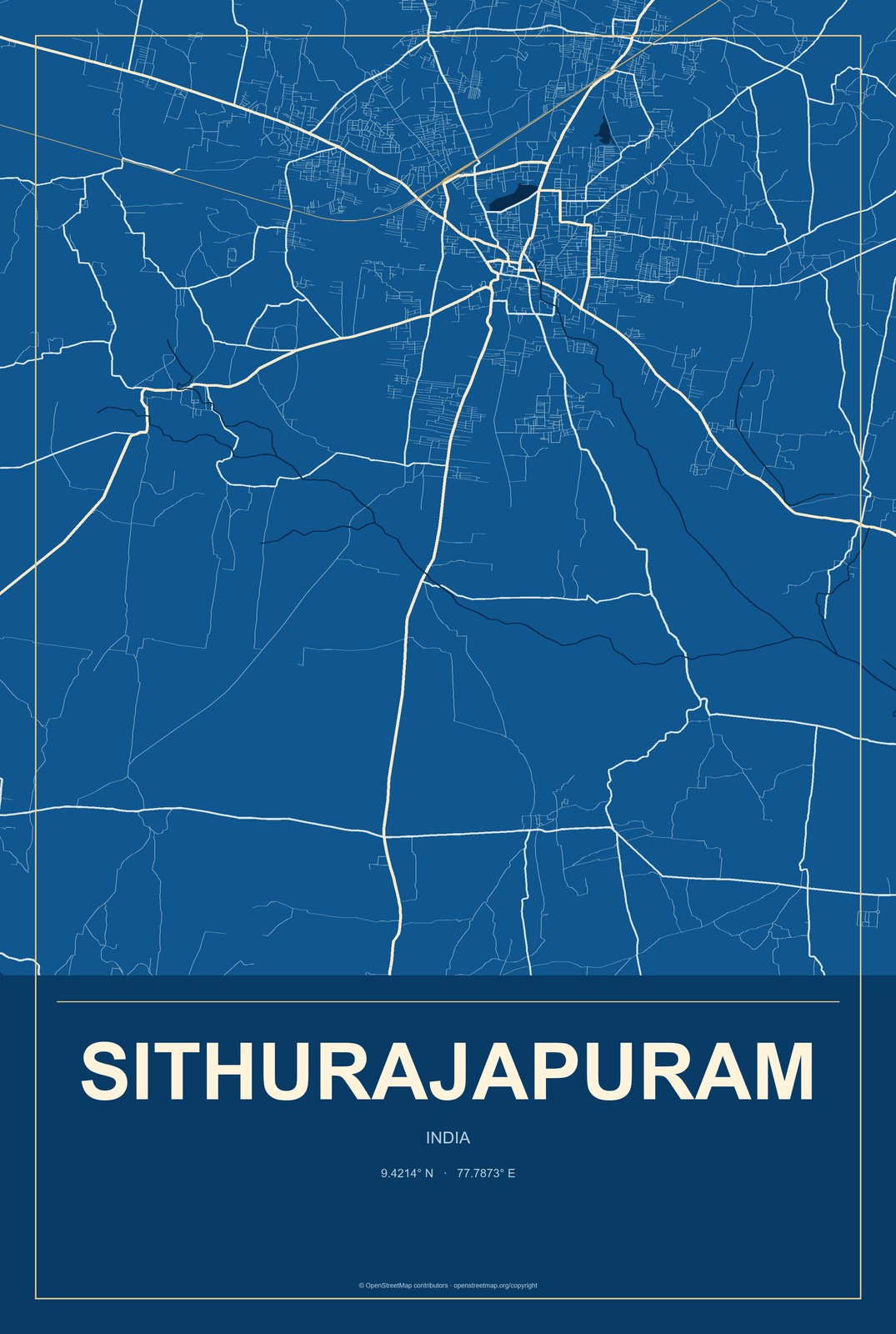 Sithurajapuram, India City Map Aluminum Sign in Harbor Cobalt style