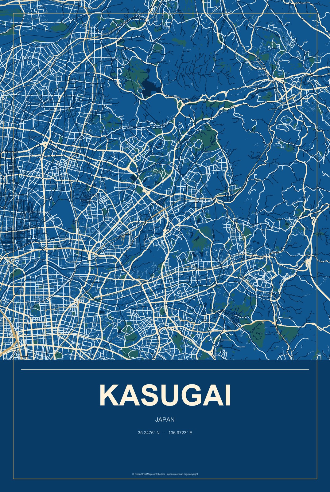 Kasugai, Japan City Map Aluminum Sign in Harbor Cobalt style