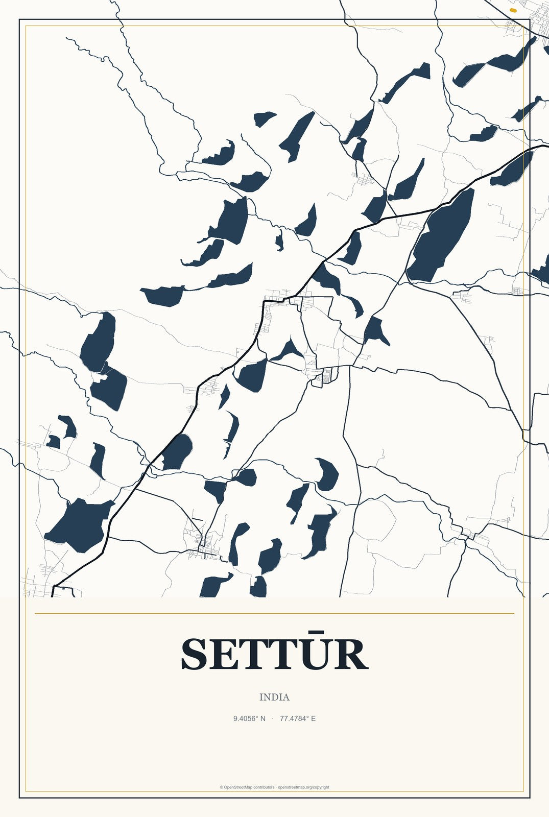 Settūr, India City Map Aluminum Sign in Citrine Modern style