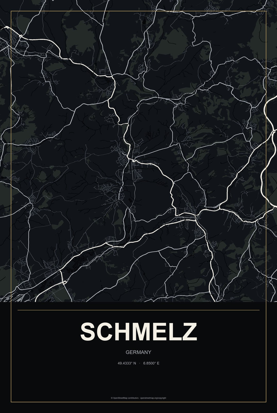Schmelz, Germany City Map Aluminum Sign in Metropolitan Noir style