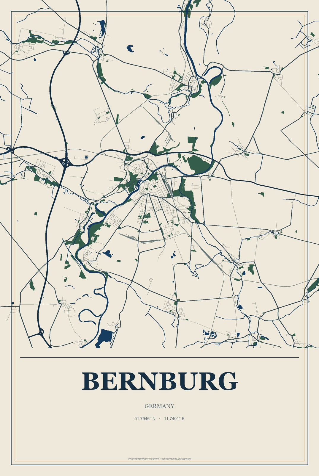 Bernburg, Germany City Map Aluminum Sign in Coastal Cutout style