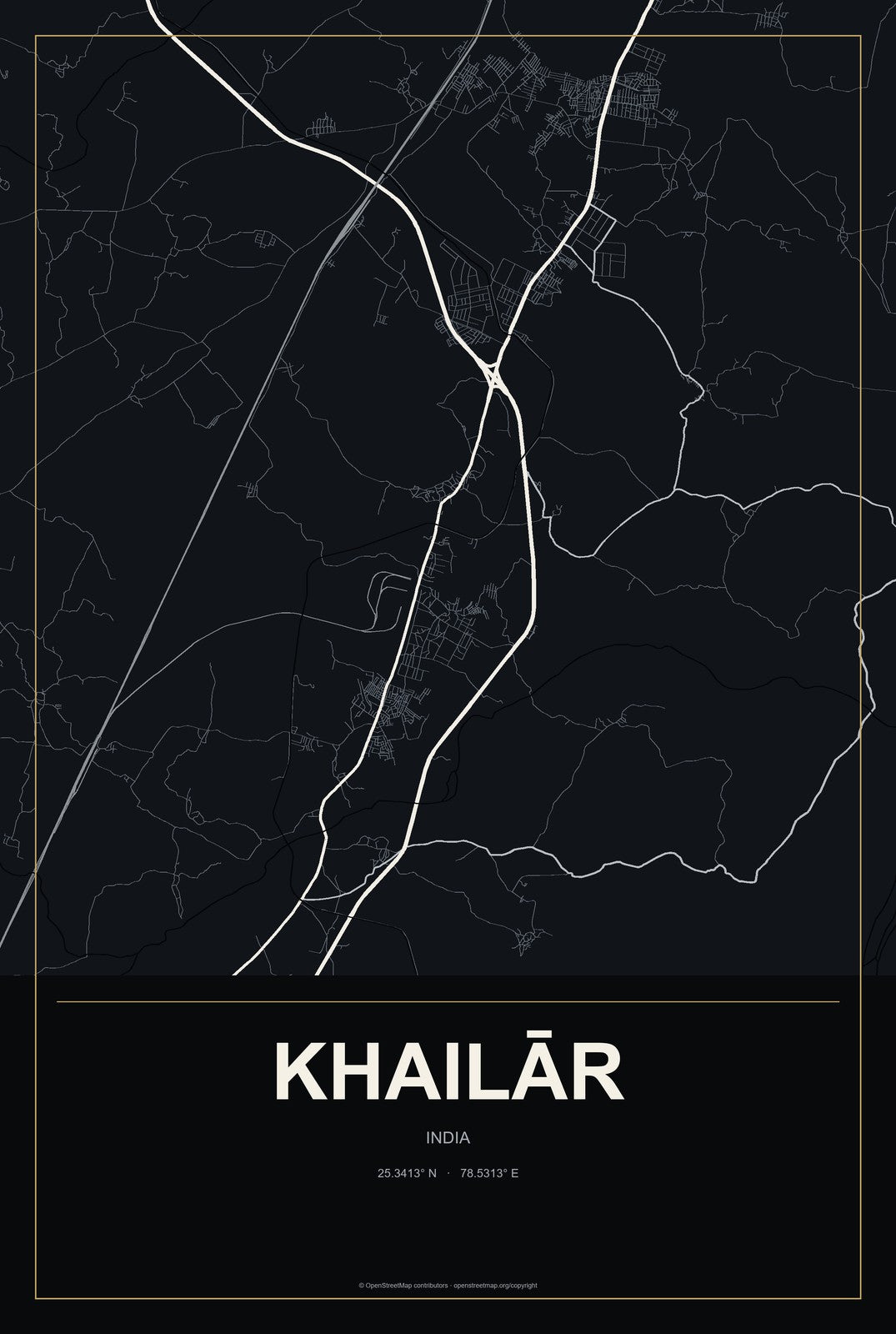 Khailār, India City Map Aluminum Sign in Metropolitan Noir style