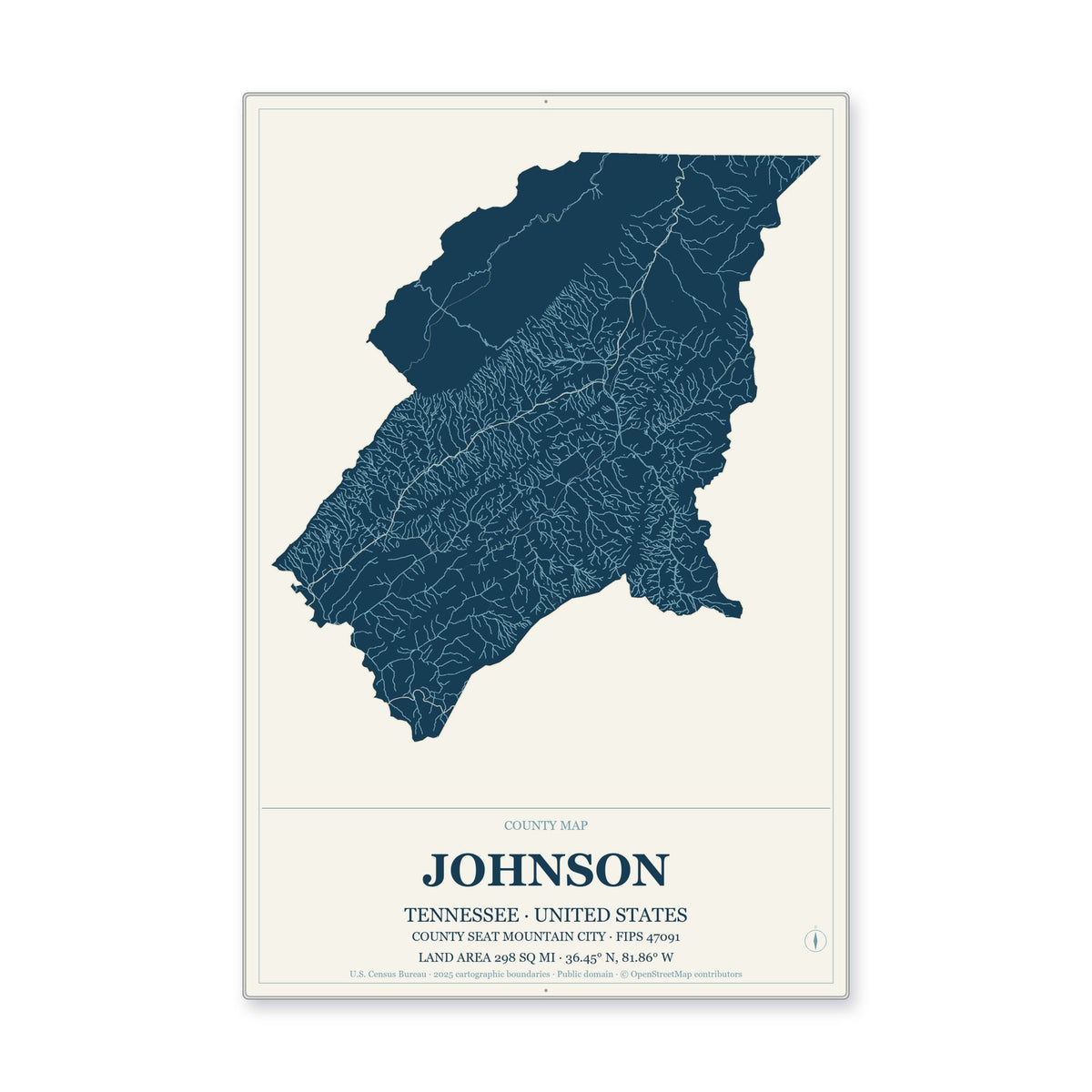 Johnson County, Tennessee Map Aluminum Sign in Coastal Cutout style