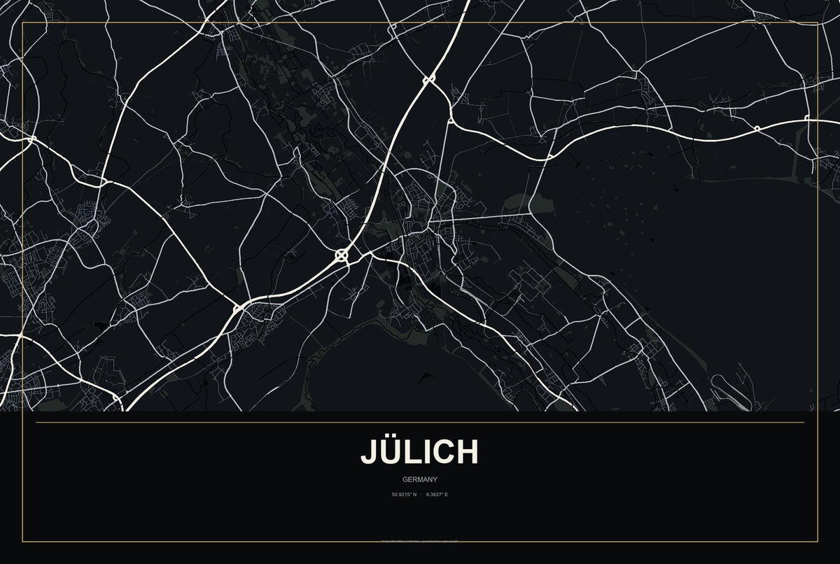 Jülich, Germany City Map Aluminum Sign in Metropolitan Noir style