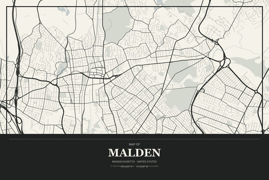 Malden, Massachusetts City Map Aluminum Sign in Museum Plaque style