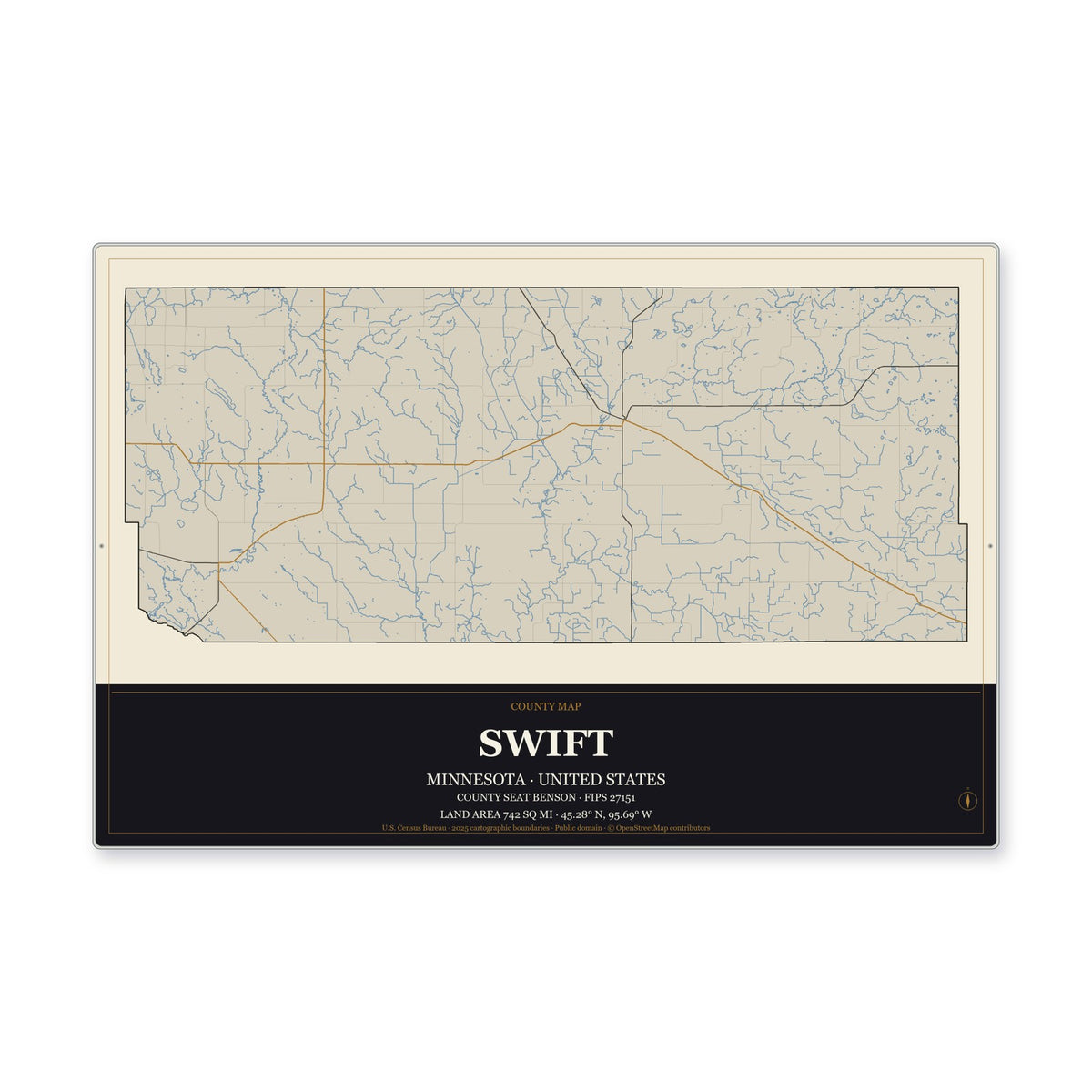 Swift County, Minnesota Map Aluminum Sign in Museum Plaque style