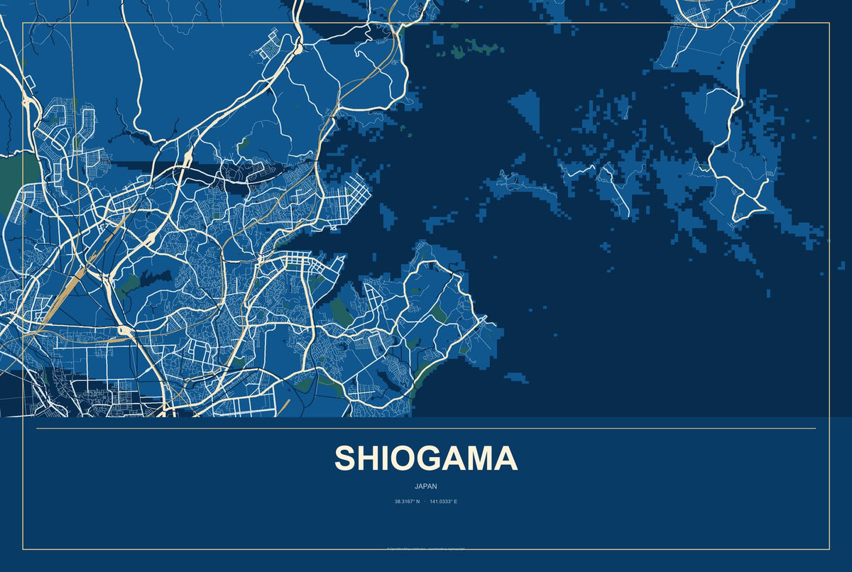 Shiogama, Japan City Map Aluminum Sign in Harbor Cobalt style