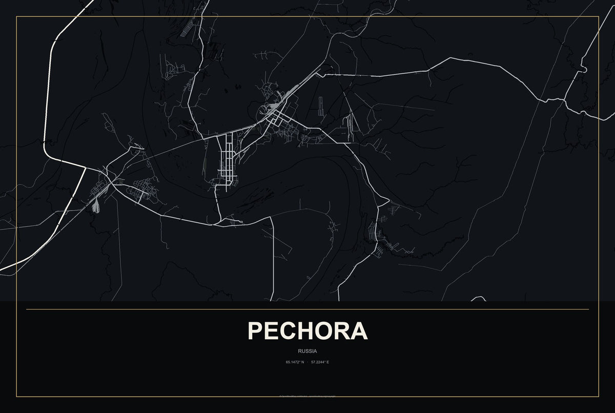 Pechora, Russia City Map Aluminum Sign in Metropolitan Noir style
