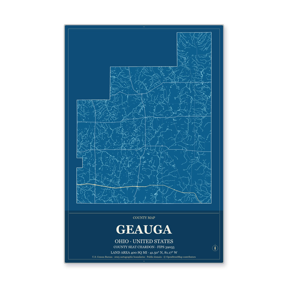 Geauga County, Ohio Map Aluminum Sign in Harbor Cobalt style