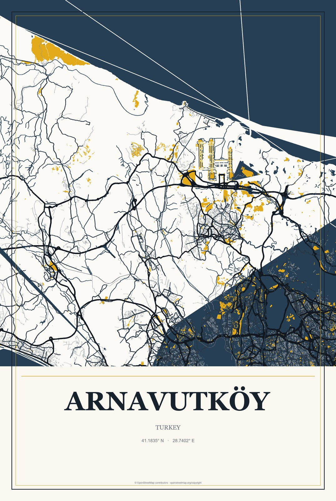 Arnavutköy, Turkey City Map Aluminum Sign in Citrine Modern style