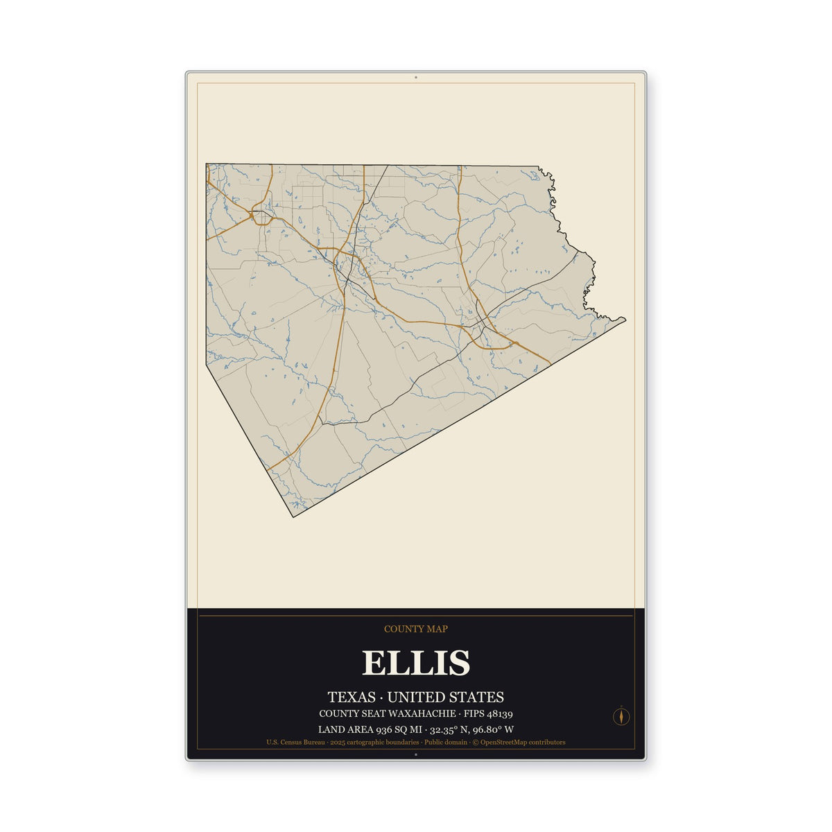 Ellis County, Texas Map Aluminum Sign in Museum Plaque style