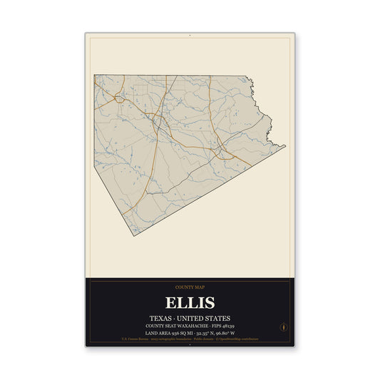 Ellis County, Texas Map Aluminum Sign in Museum Plaque style