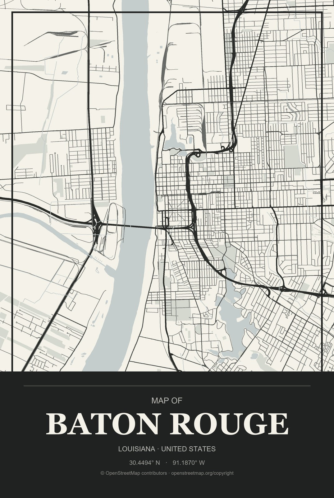 Baton Rouge, Louisiana City Map Aluminum Sign in Museum Plaque style