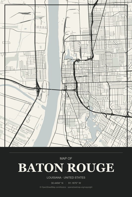 Baton Rouge, Louisiana City Map Aluminum Sign in Museum Plaque style