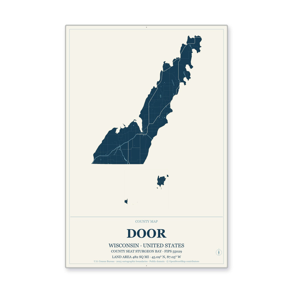 Door County, Wisconsin Map Aluminum Sign in Coastal Cutout style