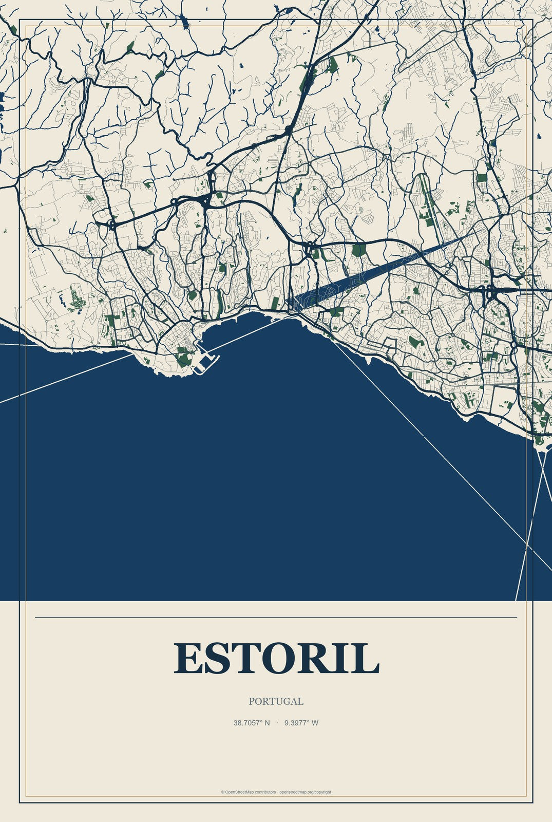 Estoril, Portugal City Map Aluminum Sign in Coastal Cutout style
