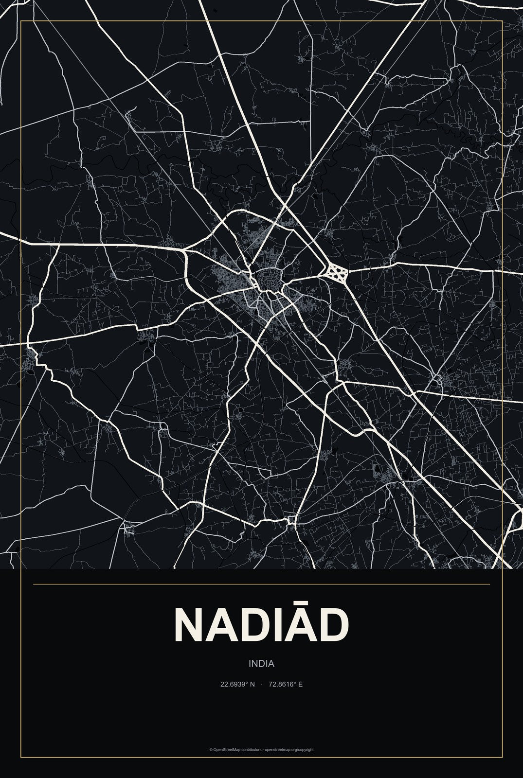 Nadiād, India City Map Aluminum Sign in Metropolitan Noir style