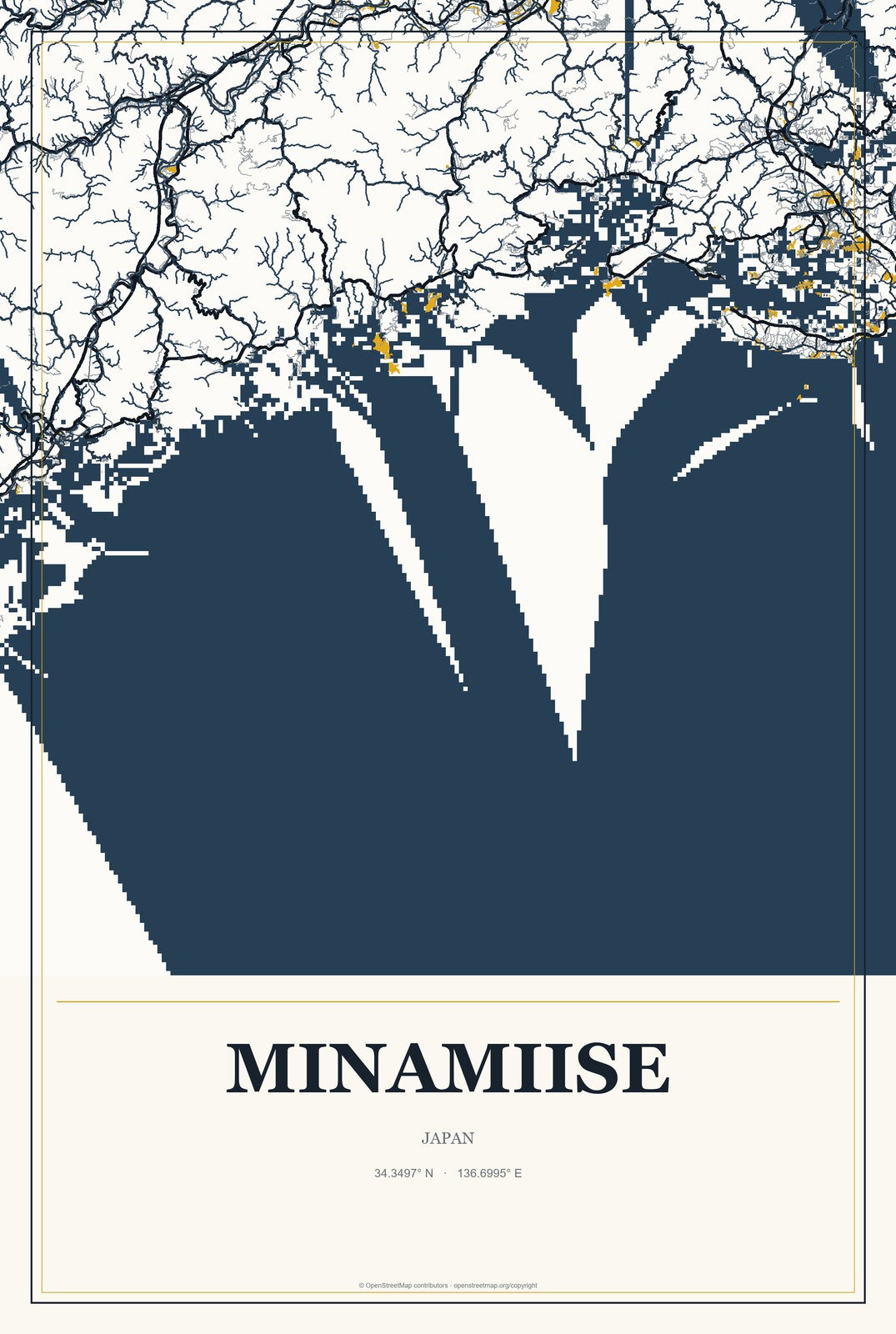 Minamiise, Japan City Map Aluminum Sign in Citrine Modern style