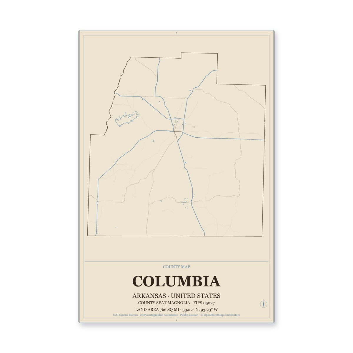 Columbia County, Arkansas Map Aluminum Sign in Heritage Nautical style
