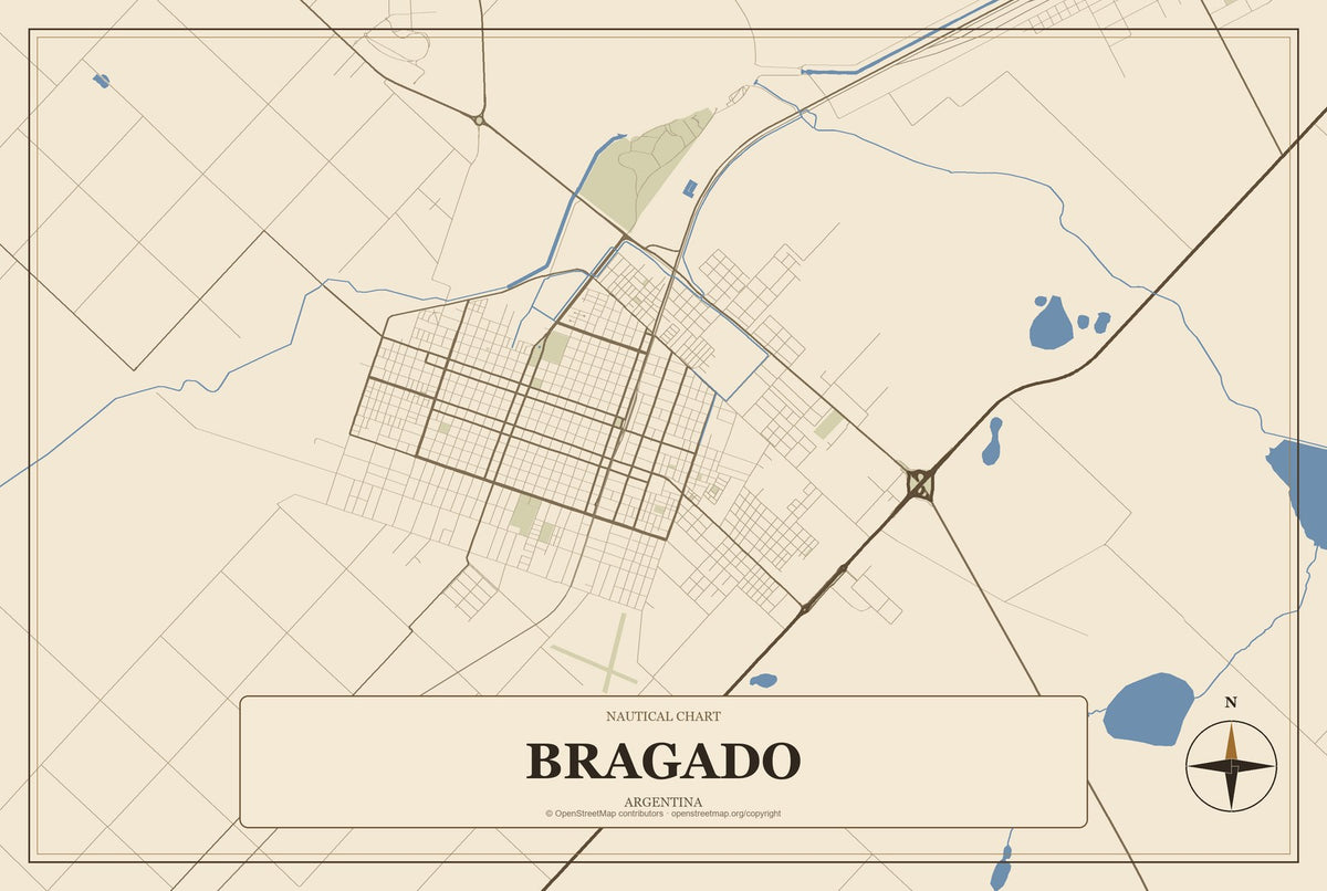 Bragado, Argentina City Map Aluminum Sign in Heritage Nautical style