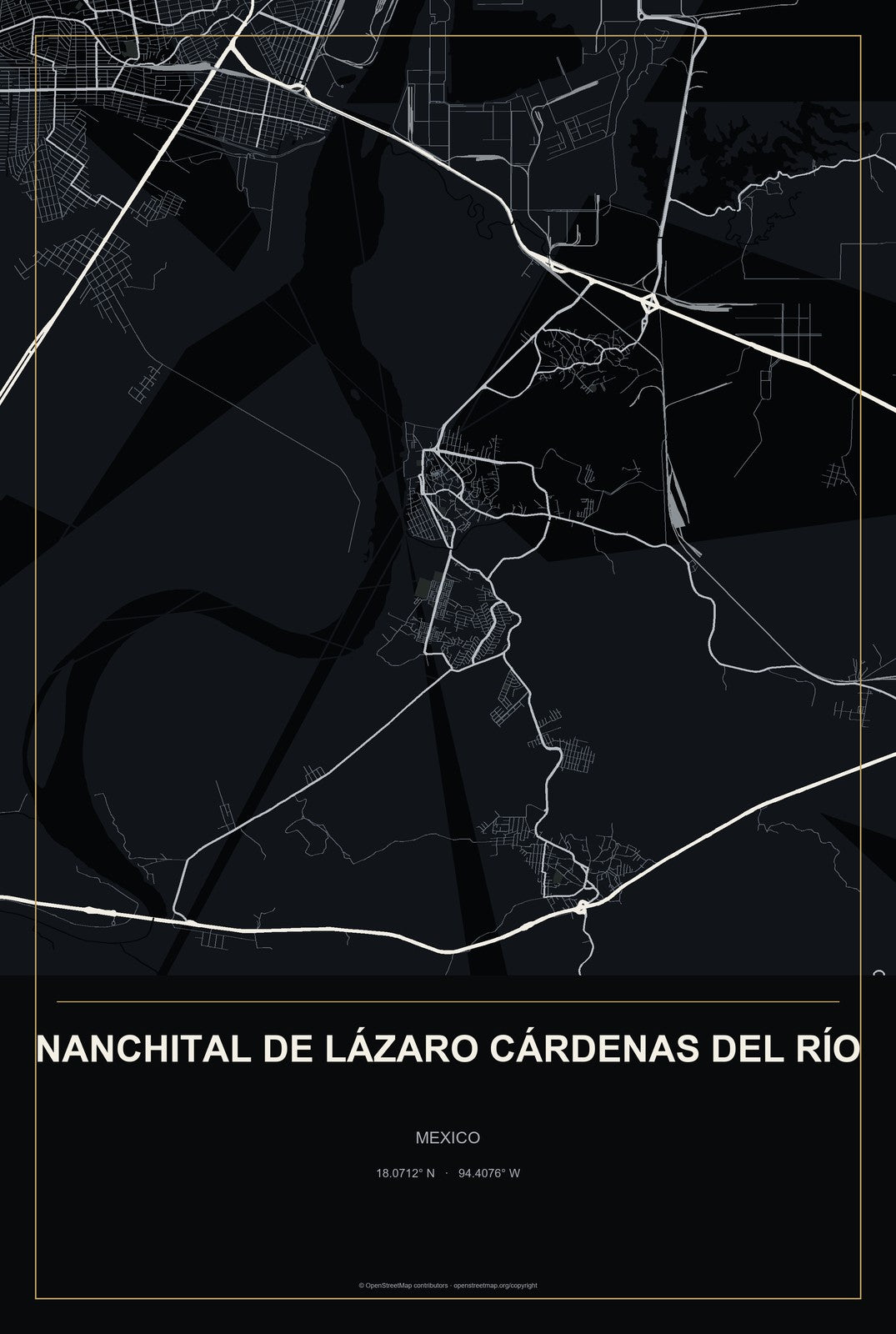 Nanchital de Lázaro Cárdenas del Río, Mexico City Map Aluminum Sign in Metropolitan Noir style