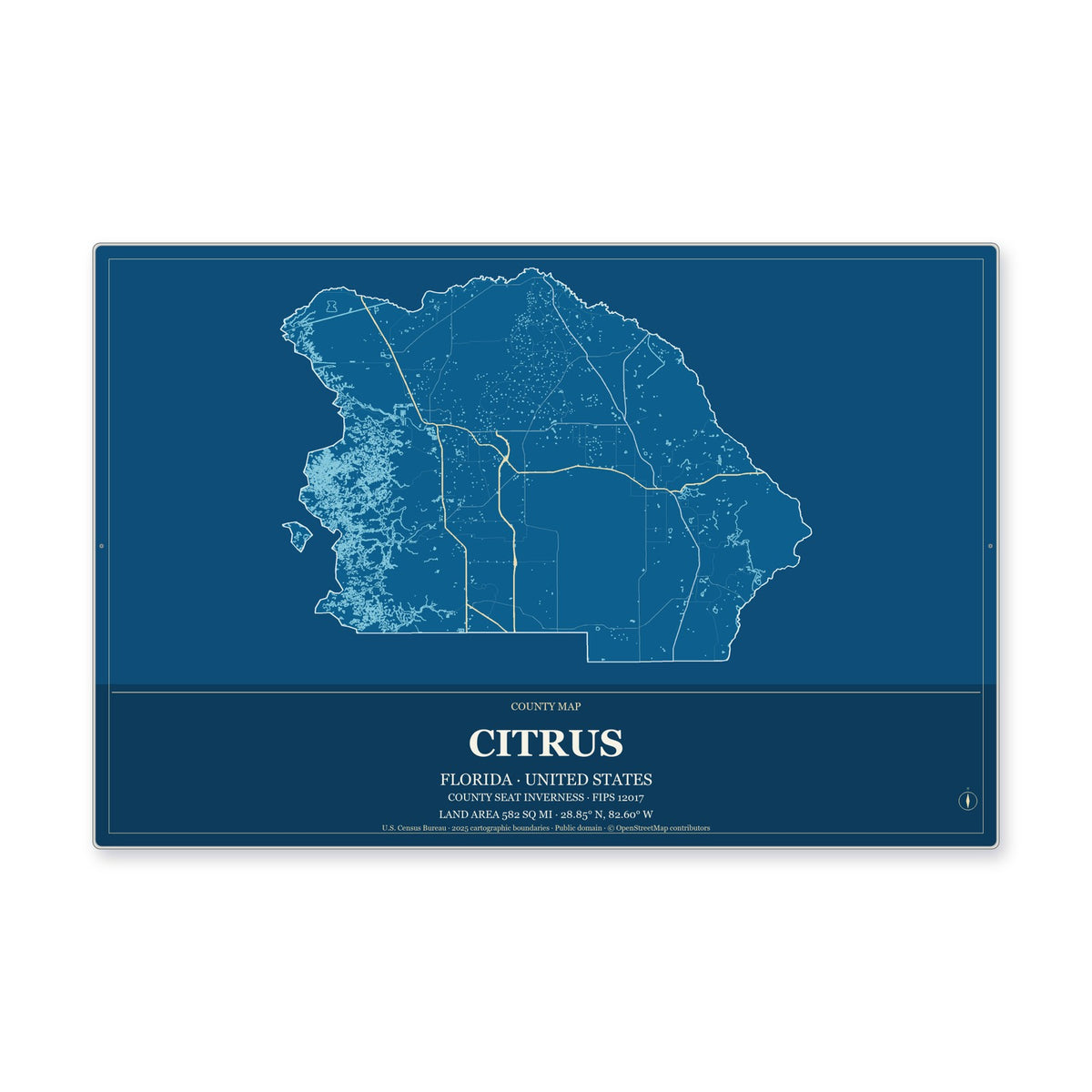 Citrus County, Florida Map Aluminum Sign in Harbor Cobalt style