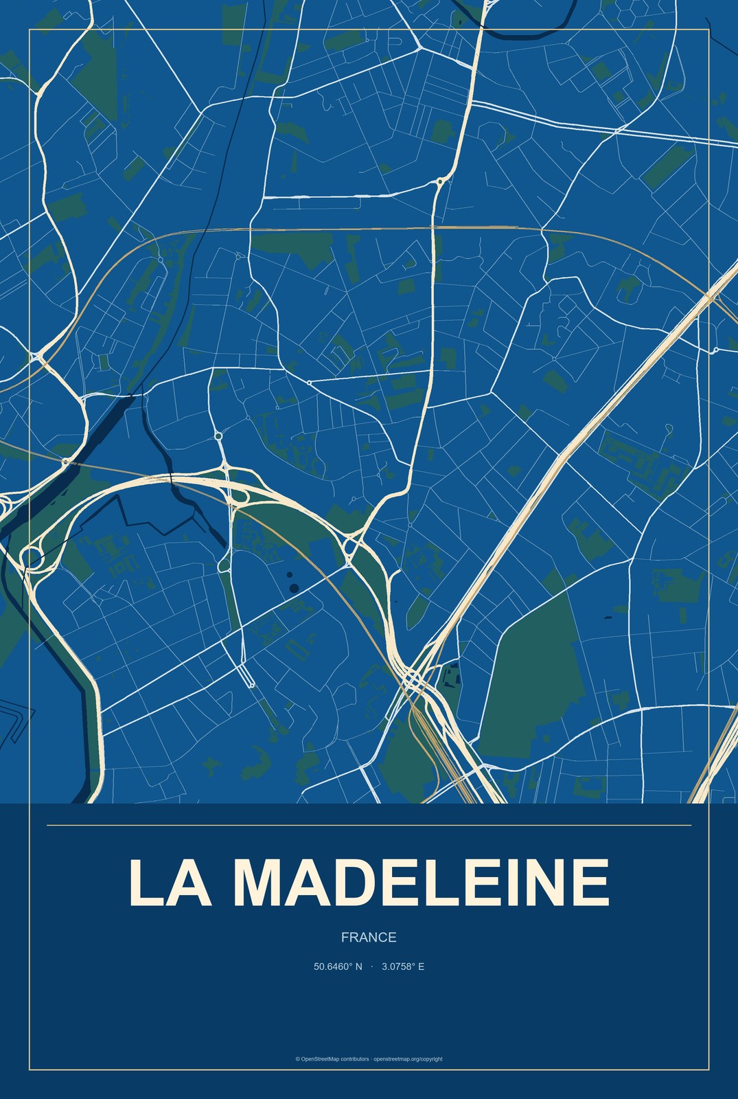 La Madeleine, France City Map Aluminum Sign in Harbor Cobalt style