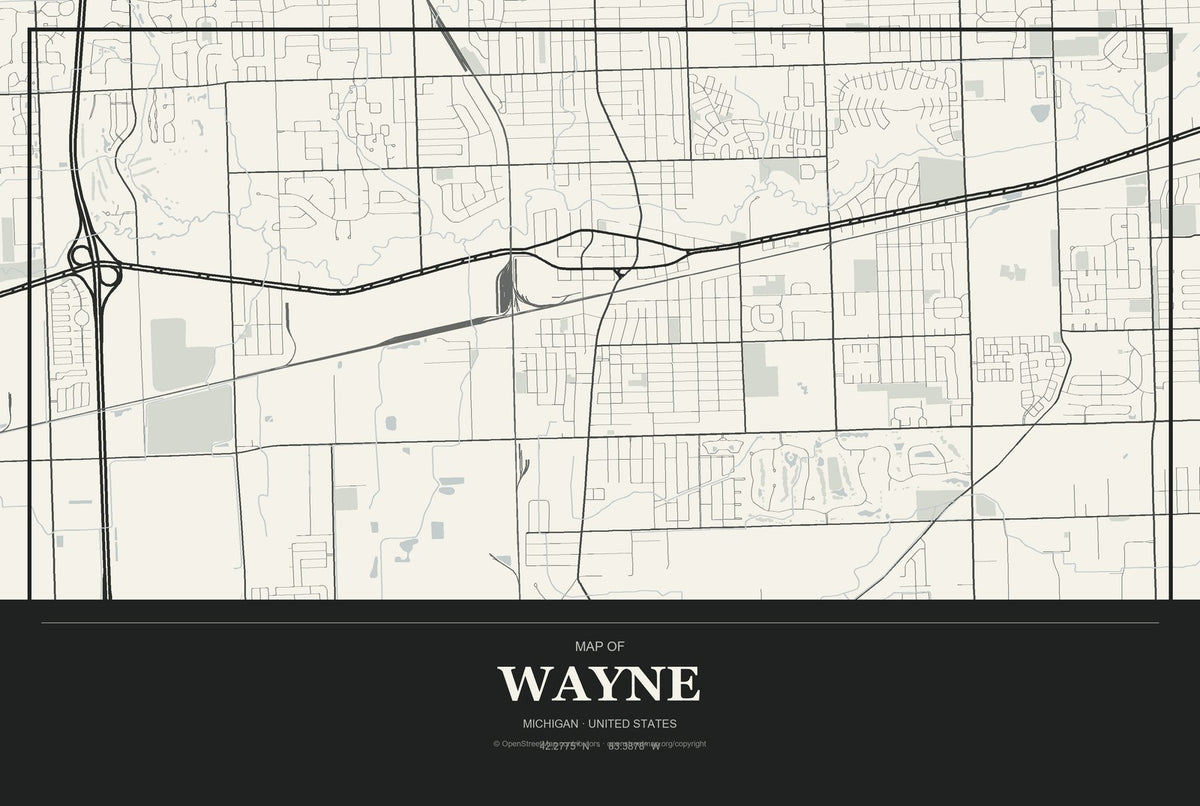 Wayne, Michigan City Map Aluminum Sign in Museum Plaque style