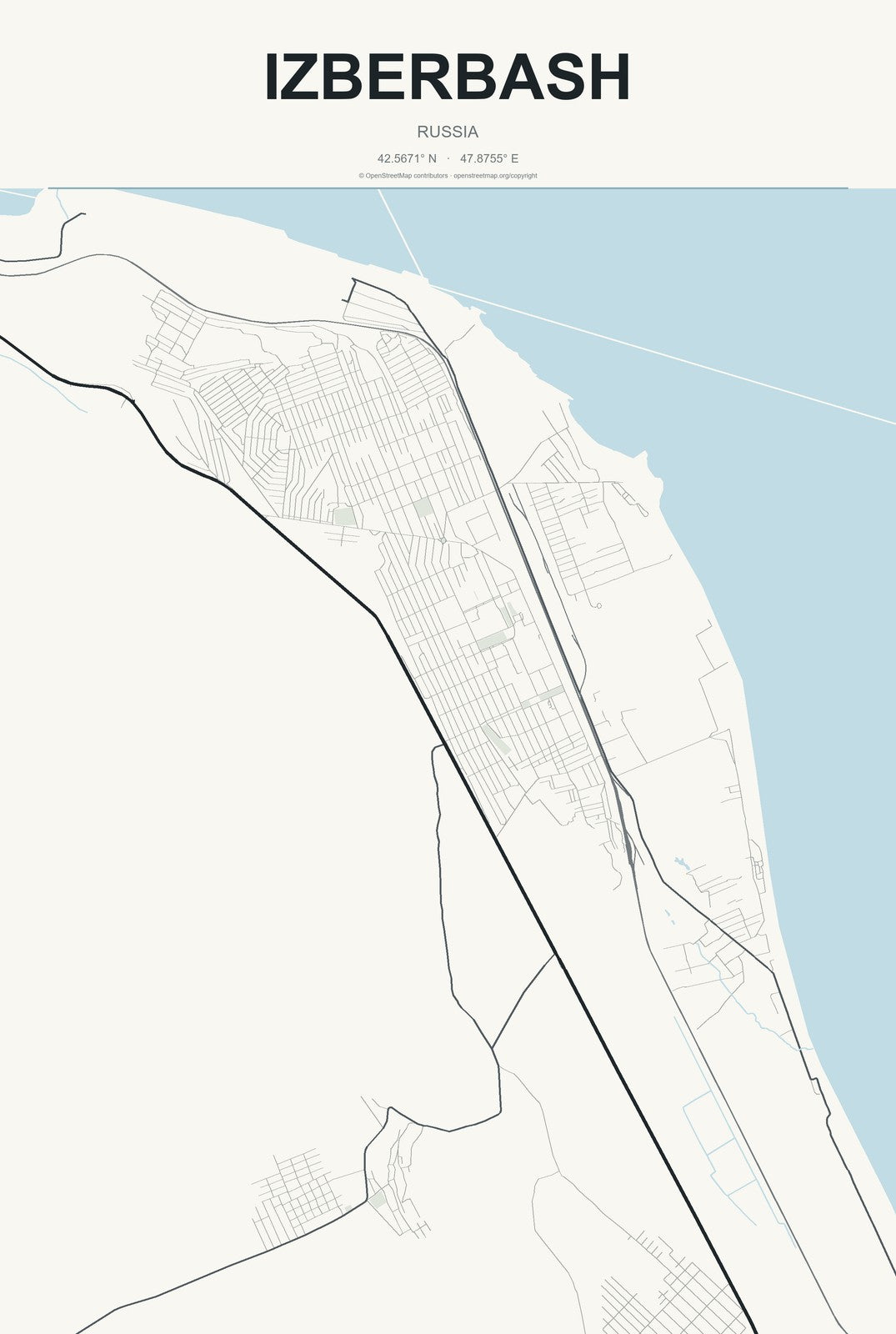 Izberbash, Russia City Map Aluminum Sign in Headline Atlas style
