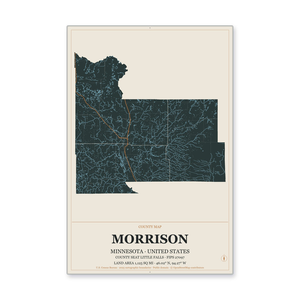 Morrison County, Minnesota Map Aluminum Sign in Headline Atlas style