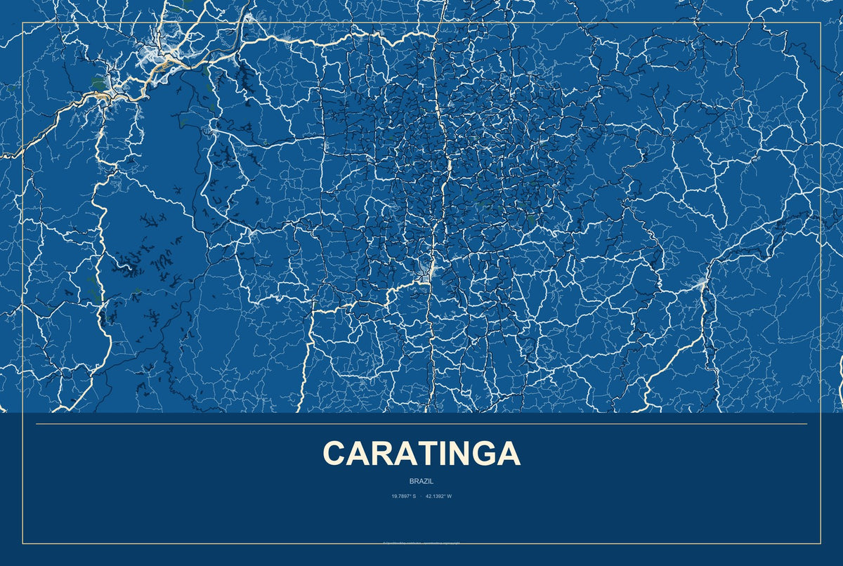 Caratinga, Brazil City Map Aluminum Sign in Harbor Cobalt style