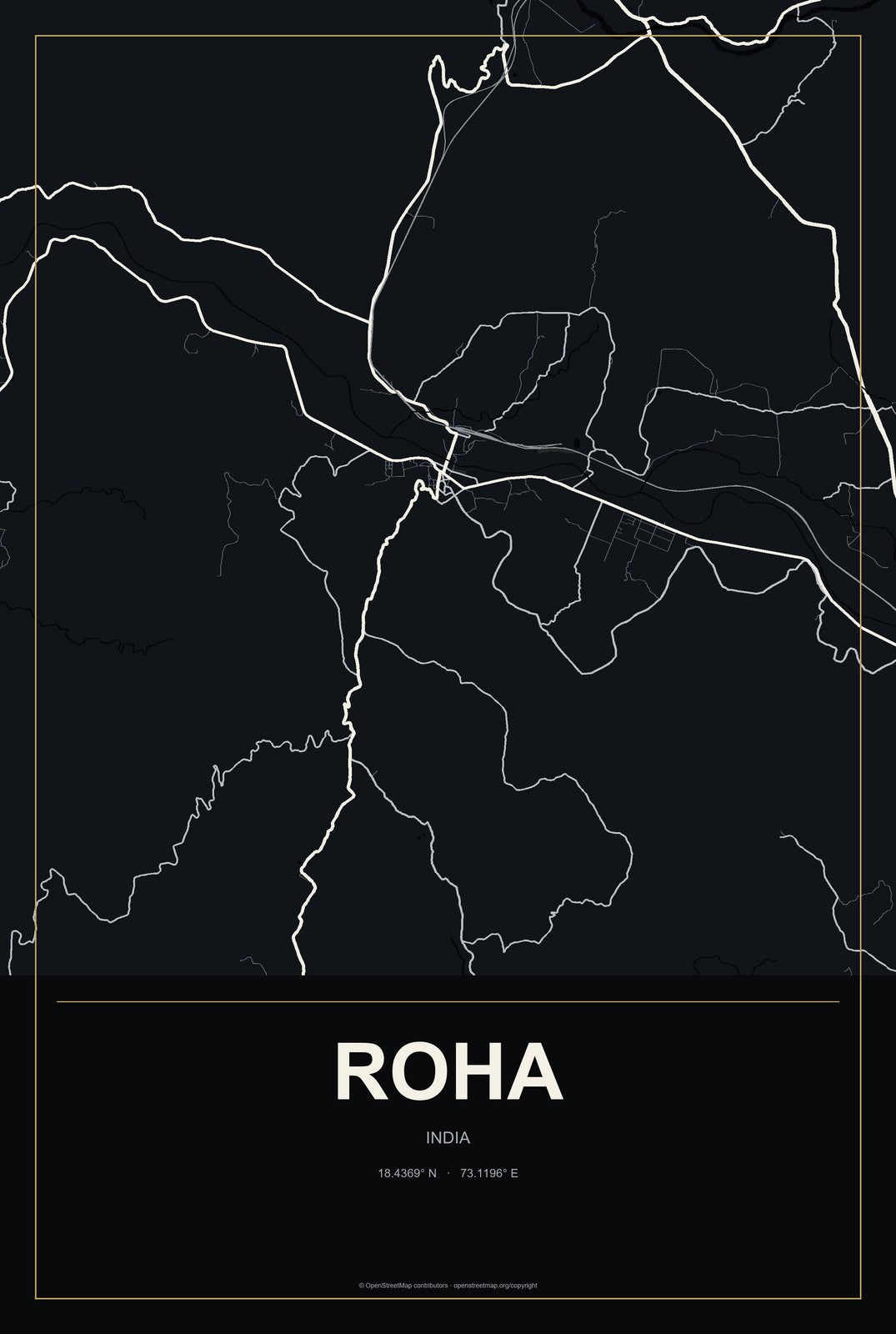 Roha, India City Map Aluminum Sign in Metropolitan Noir style