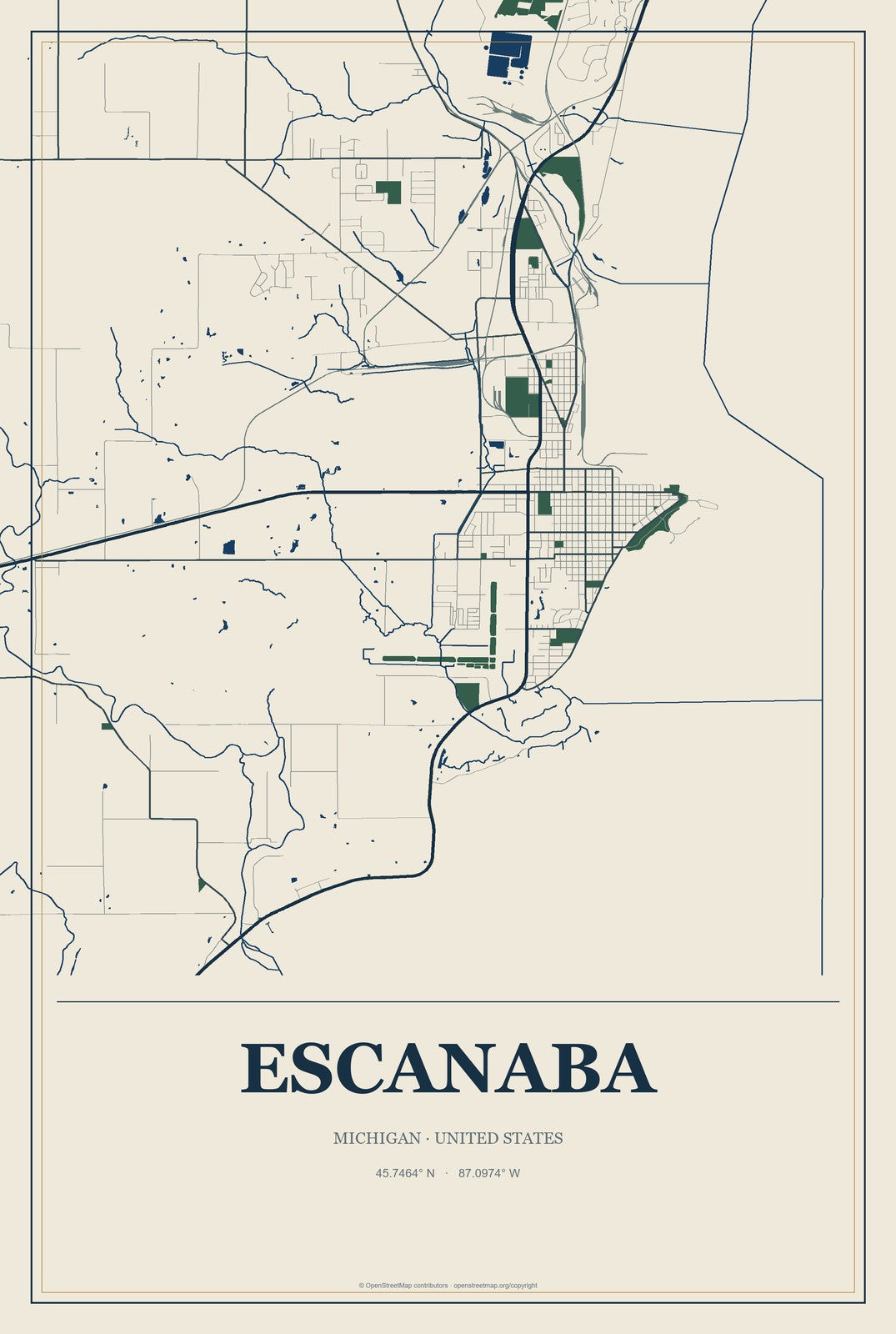 Escanaba, Michigan City Map Aluminum Sign in Coastal Cutout style