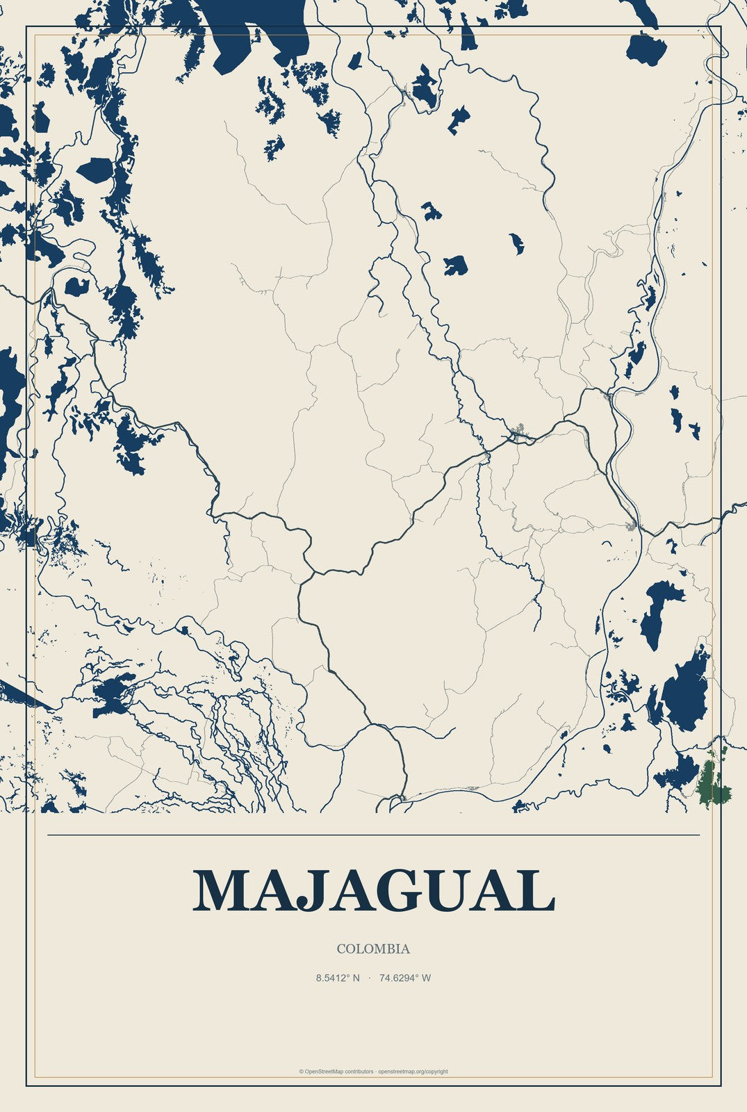 Majagual, Colombia City Map Aluminum Sign in Coastal Cutout style