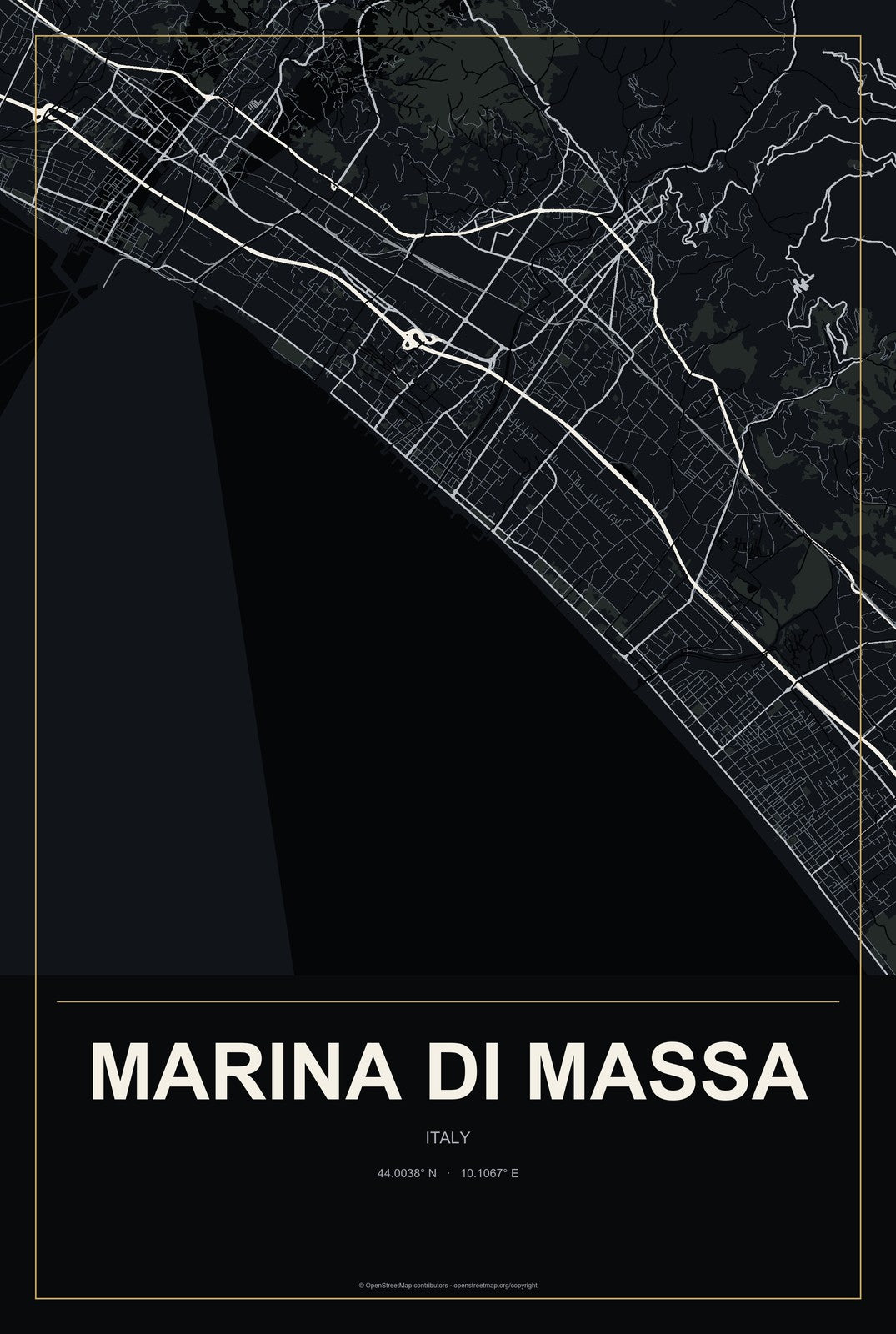 Marina di Massa, Italy City Map Aluminum Sign in Metropolitan Noir style