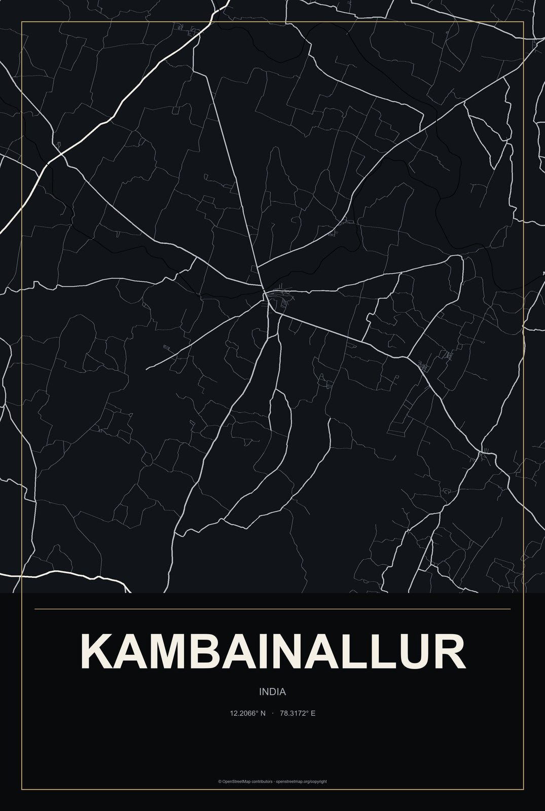 Kambainallur, India City Map Aluminum Sign in Metropolitan Noir style