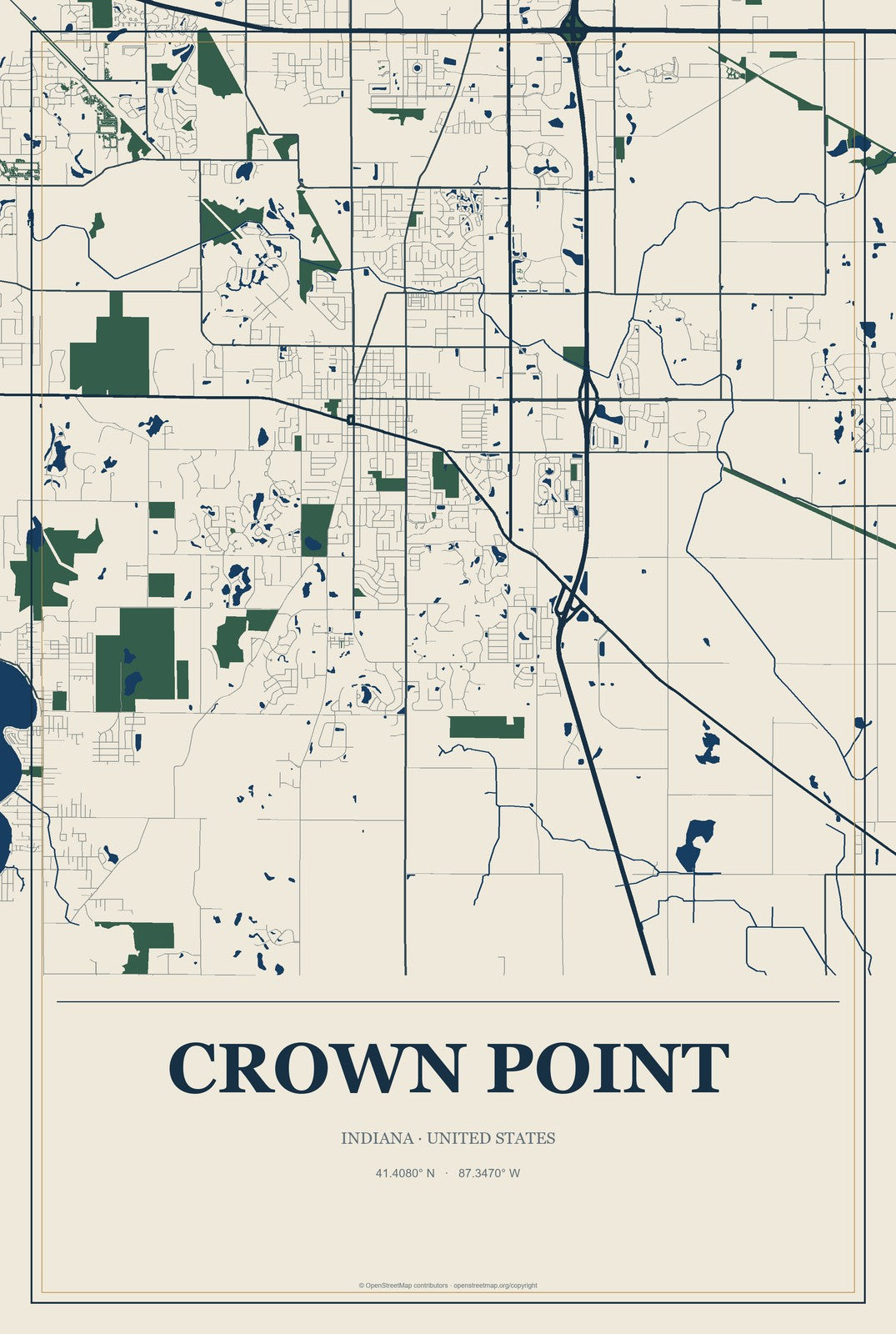 Crown Point, Indiana City Map Aluminum Sign in Coastal Cutout style