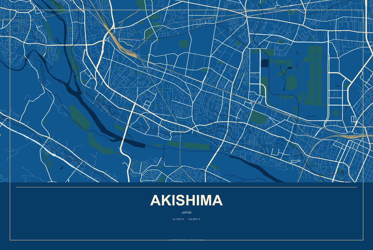 Akishima, Japan City Map Aluminum Sign in Harbor Cobalt style