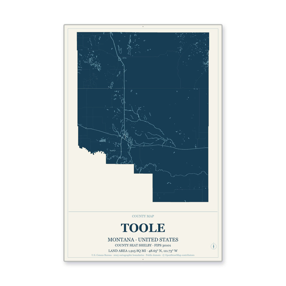 Toole County, Montana Map Aluminum Sign in Coastal Cutout style